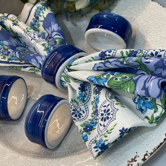 4 Glazed Ceramic Cobalt Blue Napkin Rings - Picture 2 of 10